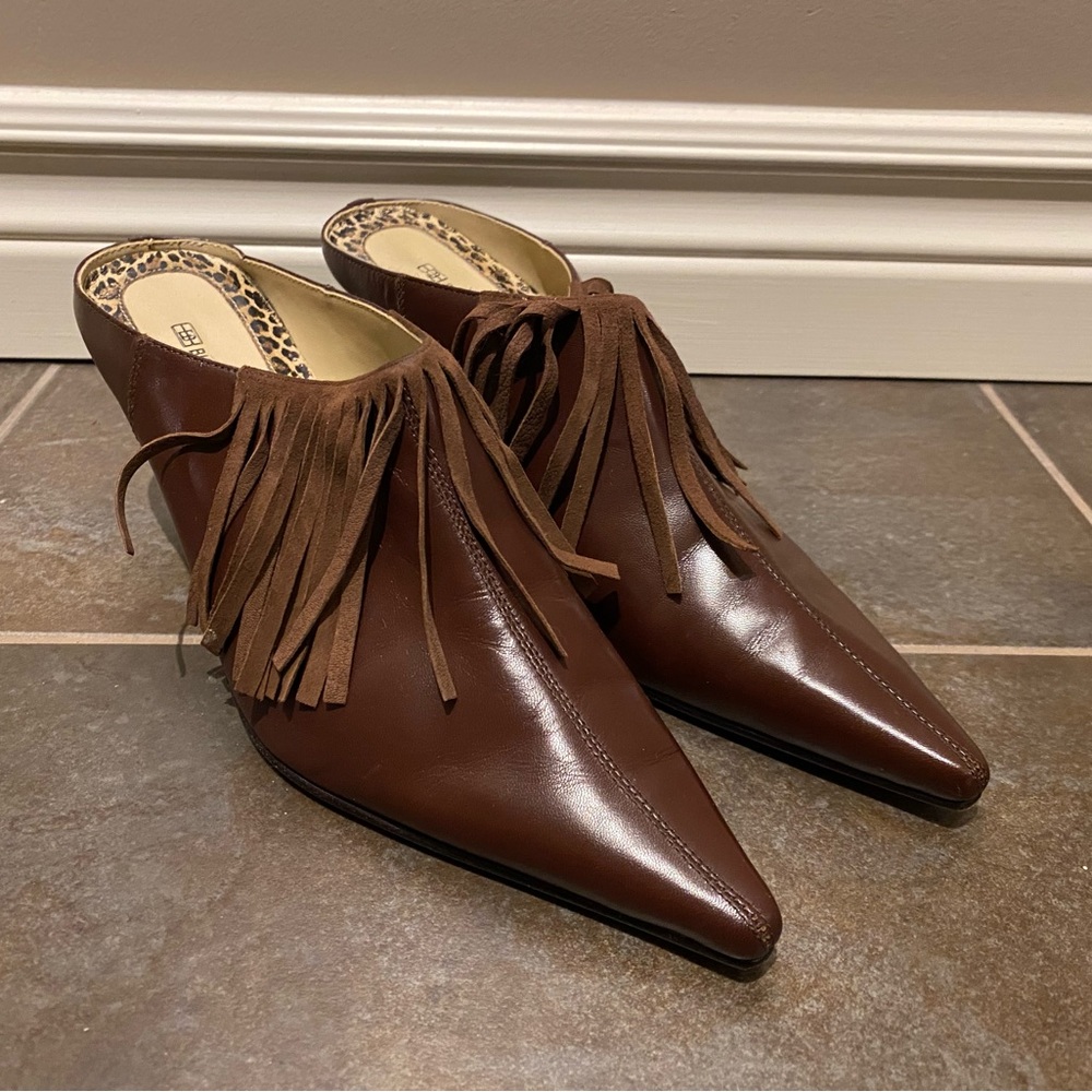 Vintage Bisou Bisou brown leather mules with fringe size 7.5